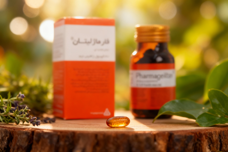 کپسول فارماژلیتان برای مو روی سطح چوبی با عناصر طبیعی